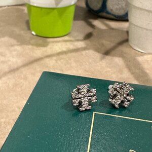 Tory Burch Silver Logo Shape Pave Stud Earings